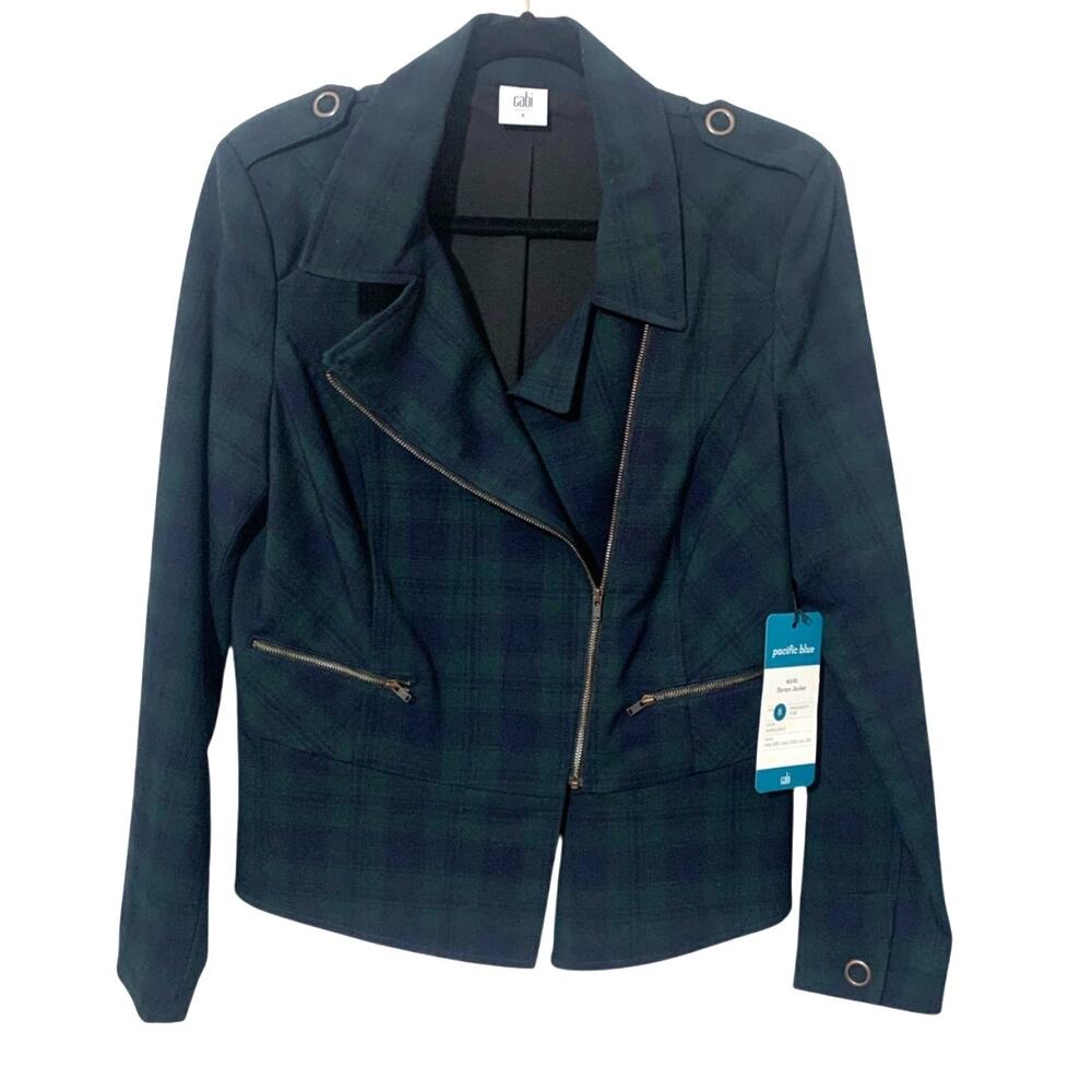 CAbi‎ Tartan Plaid Moto Jacket Sz 8 NWT Navy and Dark Green Nightwatch